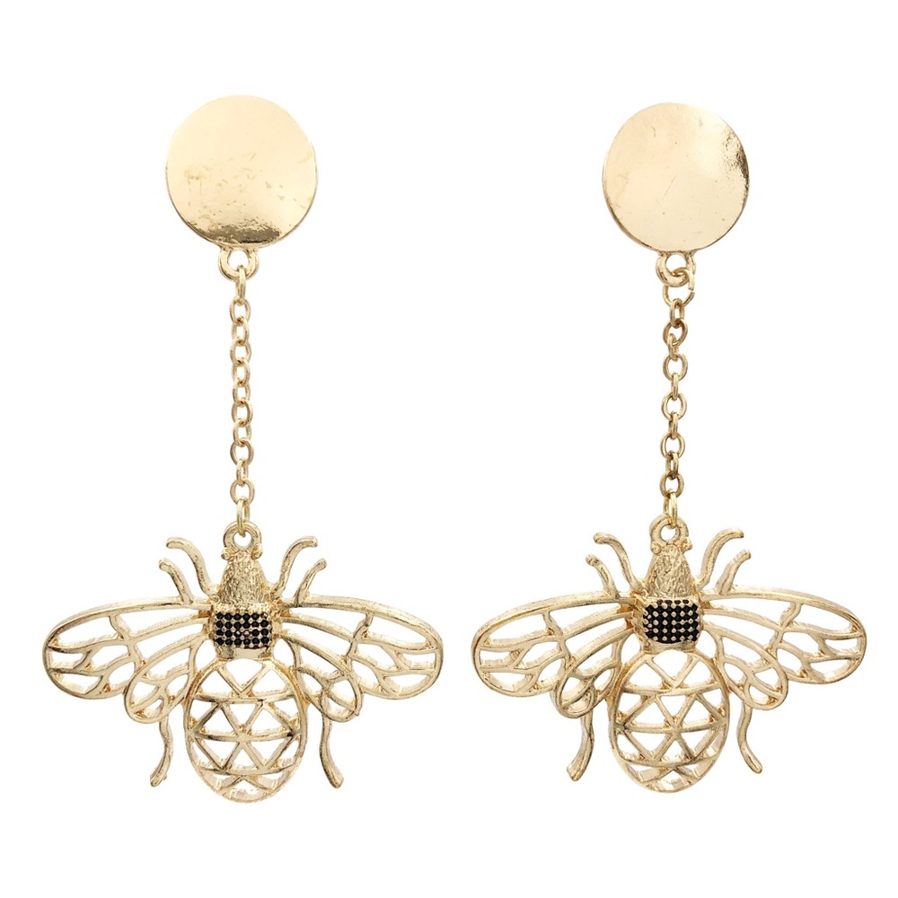 Gold Tone Bee Post Drop Dangle Earrings